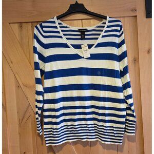 New! Lane Bryant Women Plus Sz 18/20 Pullover Sweater Striped V Neck Cotton Blue